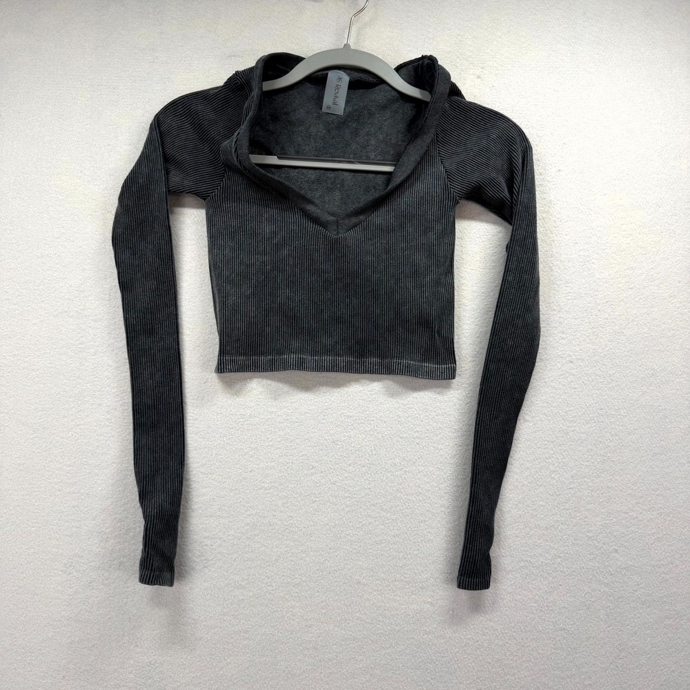 AS Revival Ribbed Crop Top‎ Womens XS/S Dark Gray Thumb Hole Sleeve Deep V-Neck